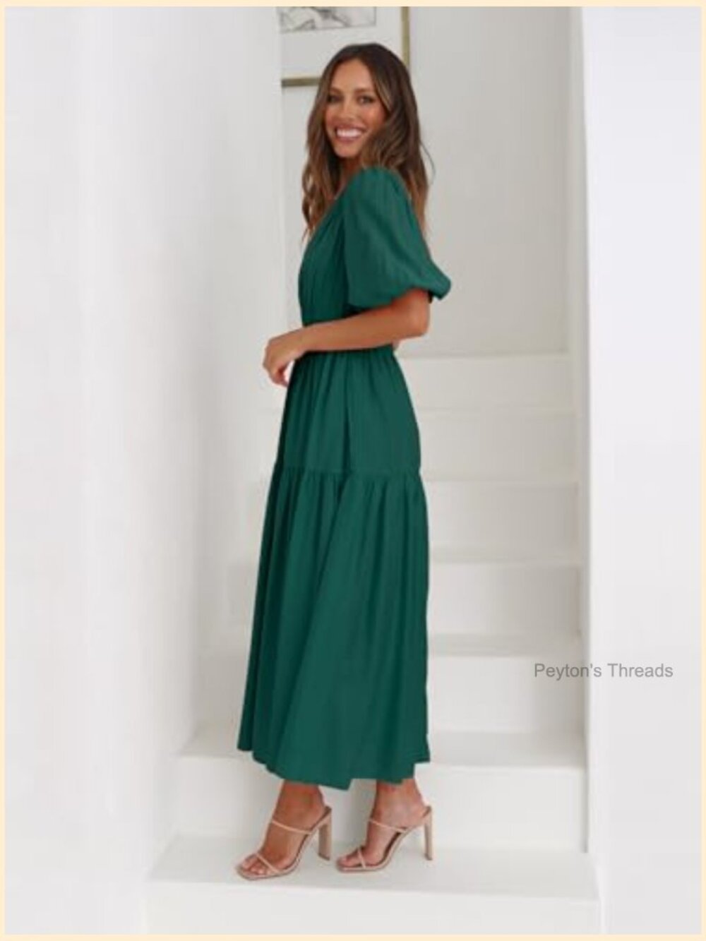 Deep V Neck Puff Short Sleeve Maxi Dress Flowy Tiered Boho Summer Dress - Picture 7 of 7